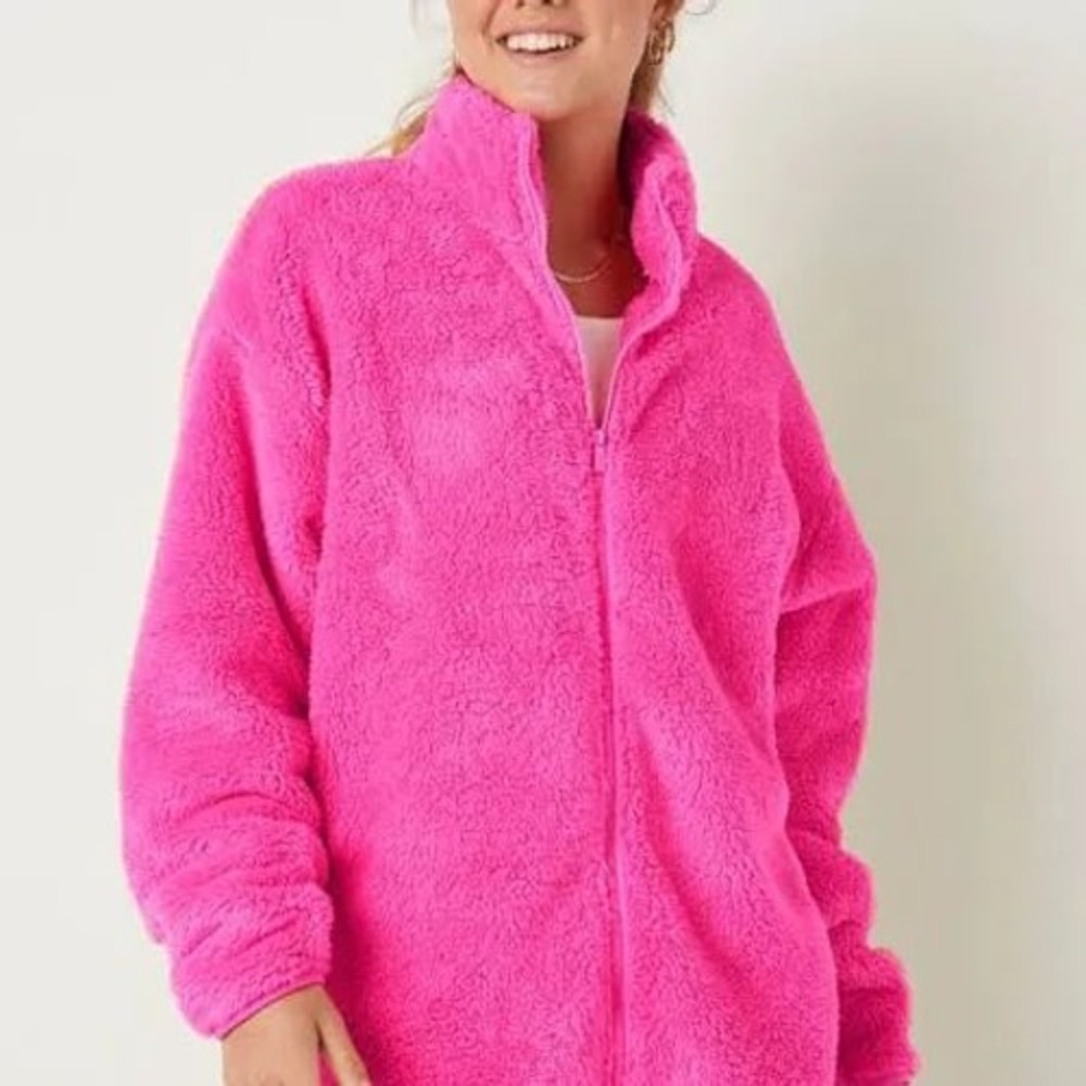 Pink Victoria's Secret teddy full zip jacket atomic pink soft‎ small cozy